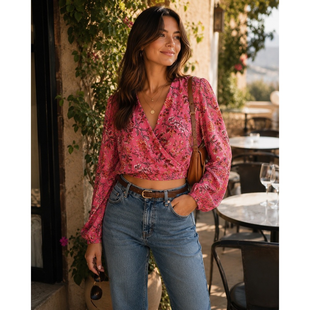 Joie Pink Floral Faux Wrap Crop Top XS Long Sleeve Cottagecore Boho